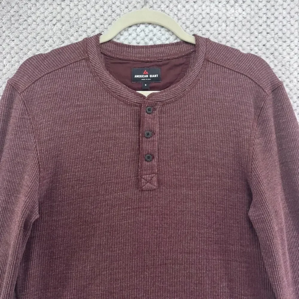 American Giant Thermal Henley Sweater Mens S Burgundy Rib Knit Top Crew Neck USA